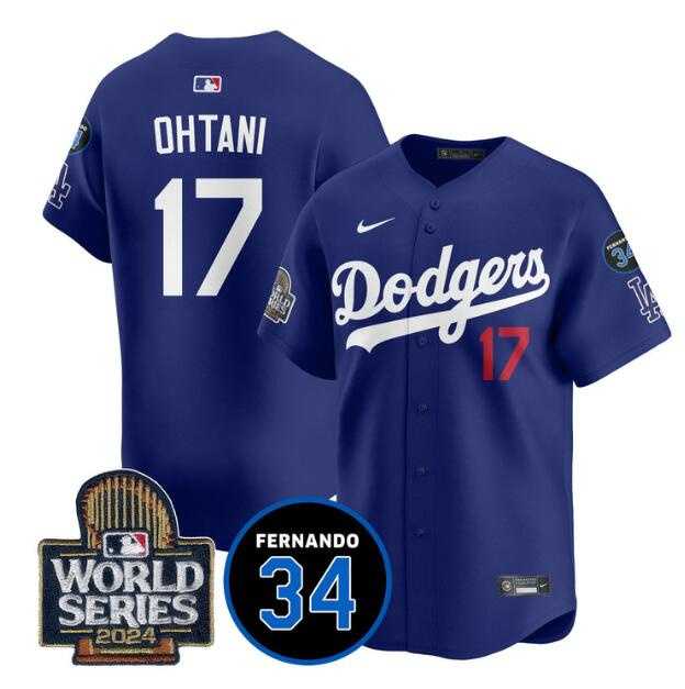 Men%27s Los Angeles Dodgers #17 Shohei Ohtani Royal 2024 World Series With Fernando Memorial Patch Limited Stitched Jersey Dzhi